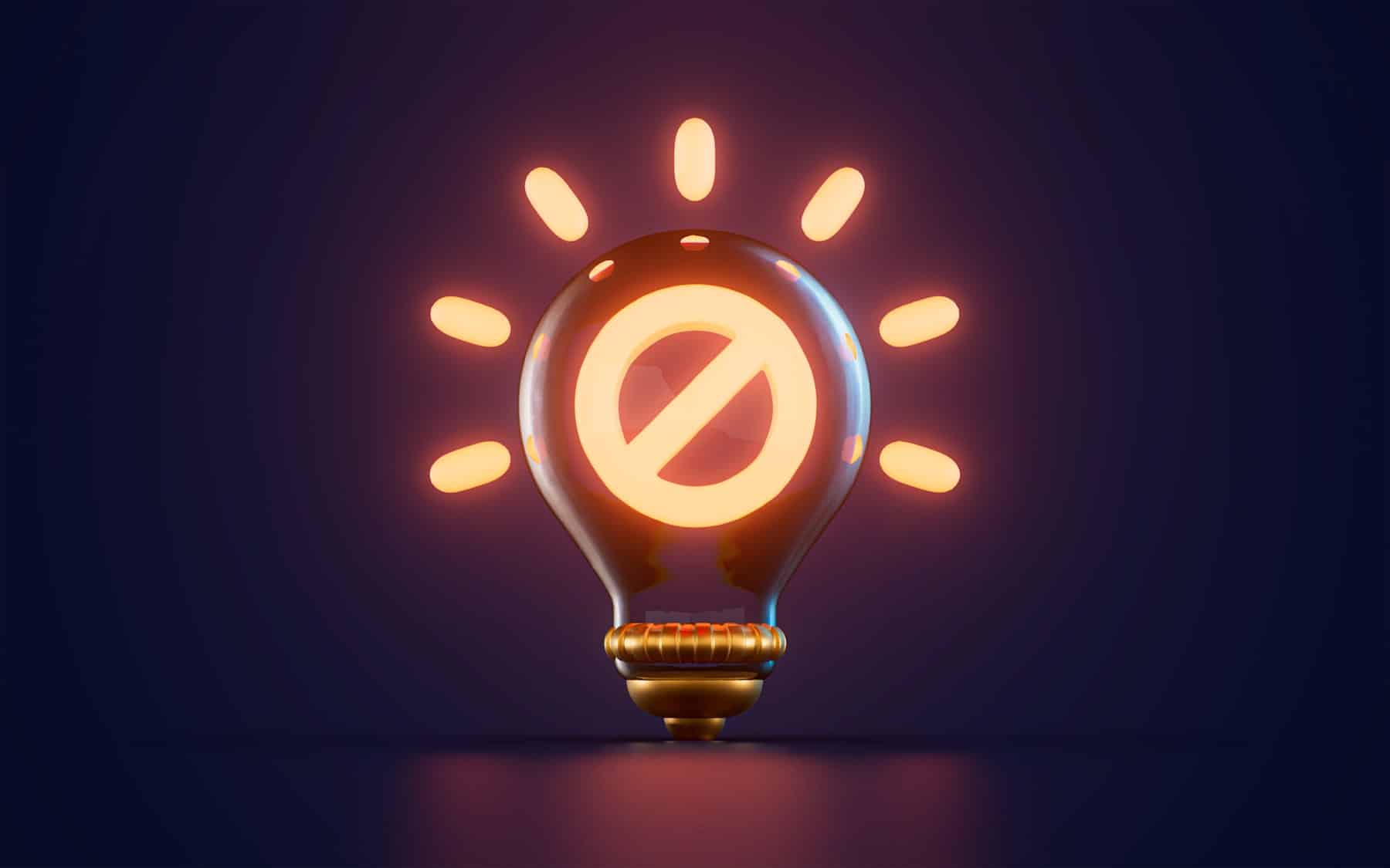 ban stop warning icon glowing inside lightbulb dark background d render concept min
